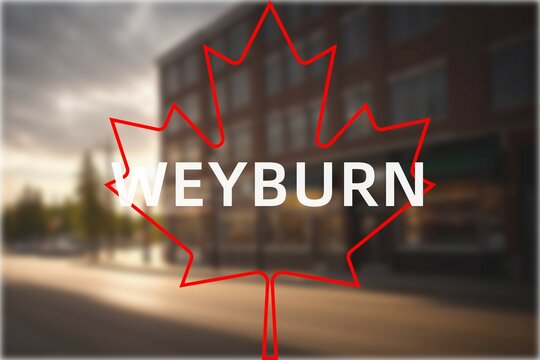 Weyburn: Der Name der kanadischen Stadt Weyburn in der Provinz Saskatchewan vor einem Foto mit dem kanadischen Ahornblatt