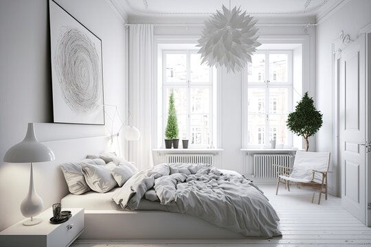 White bedroom interior. Scandinavian design. Bed and sheets. House plant. Generative AI