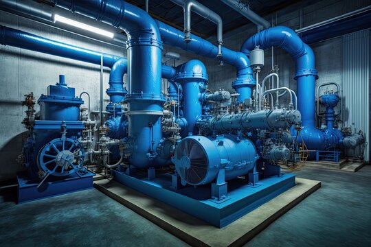 Industrial pump room in a power plant, blue colored pumps, valves and pipes. Generative AI
