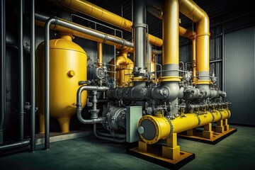 Fototapeta na wymiar Industrial pump and boiler room in a power plant, yellow colored pumps, valves and pipes. Generative AI