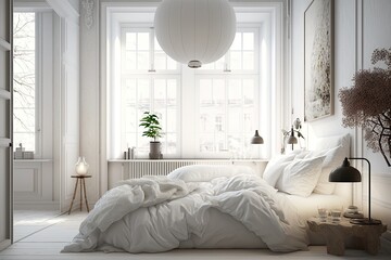 White bedroom interior. Scandinavian design. Bed and sheets. House plant. Generative AI