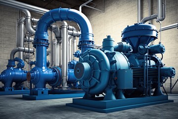 Obraz premium Industrial pump room in a power plant, blue colored pumps, valves and pipes. Generative AI