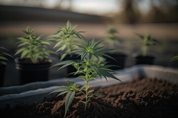 Obraz premium Small young cannabis plant on a farm plantation closeup. Generative AI