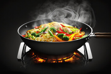 A large cooking wok is full of steam as noodles are cooked in the hot stir fry pan. AI generative - obrazy, fototapety, plakaty