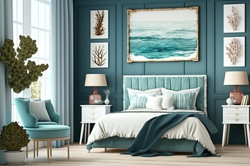 Fototapeta na wymiar Coastal styled bedroom interior, sea decor and furniture, blue color, marine ocean style, generative ai