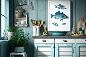 Marine coastal styled kitchen interior, sea decor and furniture, blue color theme, ocean style, generative ai