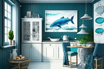 Marine coastal styled kitchen interior, sea decor and furniture, blue color, ocean style, generative ai