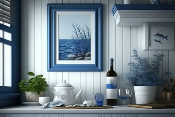 Marine coastal styled counter with bottle of wine and glass, sea decor and furniture, blue color, ocean style, generative ai
