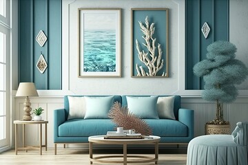 Coastal styled living room interior, sea decor and furniture, blue color, marine ocean style, generative ai