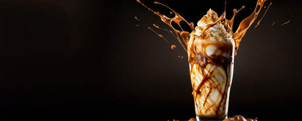 delicious frappuccino with caramel splashing around