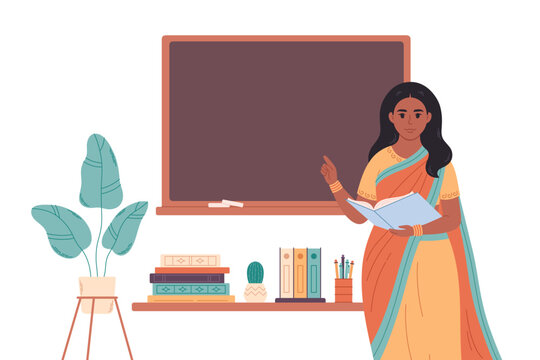 Indian female teacher at classroom near blackboard. Back to school. Education, lecture and lesson at school. Vector illustration in flat style