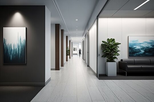 Interior of an luxurious office lobby with marble floors, white open spacious atmosphere. Generative AI