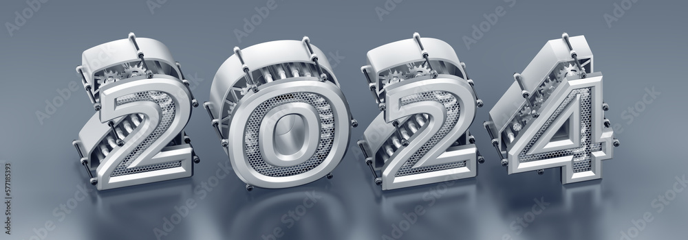 Aufkleber the new technological year of 2024. designed in modern steampunk style a row of 3d digits, which are