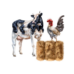 A composition of a black and white cow and a gray rooster on a golden haystack. For postcards, textiles, booklets, banners, stickers. Digital illustration