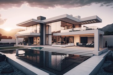 Fototapeta na wymiar Large luxurious ultra modern villa, large glass windows, pool in front. Evening shot. Generative AI