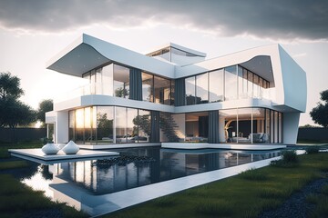 Large luxurious ultra modern villa, large glass windows, pool, evening shot. Generative AI