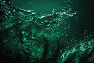 Ripples and bubbles on a dark green water surface texture. Water ripples with copyspace with deep emerald color. Generative AI