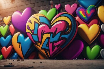 graffiti heart painted on a concrete wall. Concept of love emotion or Valentine's Day. Abstract love vertical background or texture with copy space. generative AI - obrazy, fototapety, plakaty