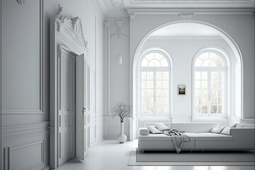 Large solid white spacious room modern style flat or house interior with furniture. Generative AI illustration.