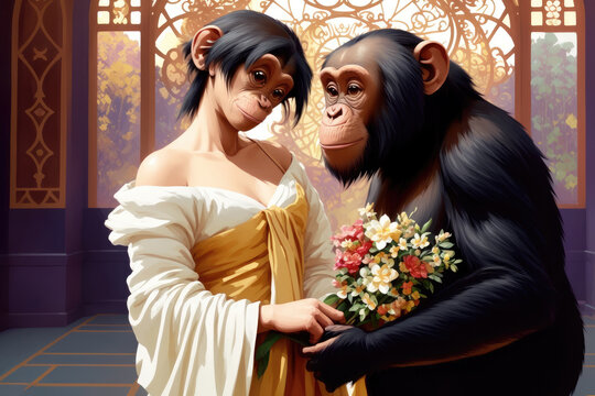 Modern painting of golden chimpanzee. Colorful magic chimpanzee, cartoon style painting. Generative ai art illustration