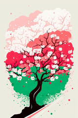 Illustration of sakura flowers and trees, created with AI generative technology