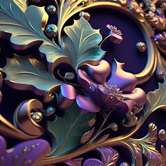 Ornate Gold Flowers Pattern, Green Violet Carved Floral Ornament 3d Imitation, Abstract Generative AI Illustration