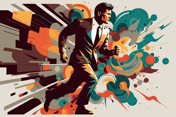 Running Businessman Drawing, Way to Success, Escaping, Busy Business Man Run, Abstract Generative AI Illustration