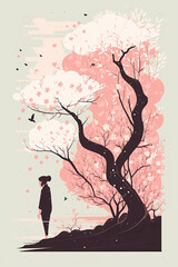 Fototapeta na wymiar Illustration of sakura flowers and trees, created with AI generative technology