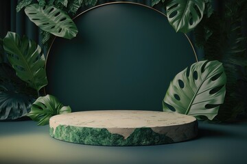 Contemporary green circle Podium Stage with rock and tropical leaves. AI Generation