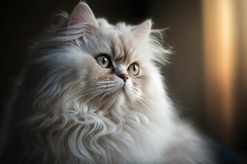 a Persian cat with bright cream hair and very beautiful. Very real photo, with bright blue eyes. generative ai
