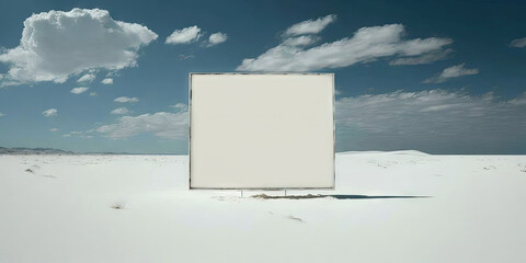 Isolated blank white canvas on white sandy beach with blue sky and clouds