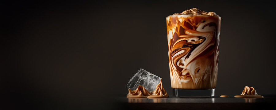 delicious iced caramel latte on black background