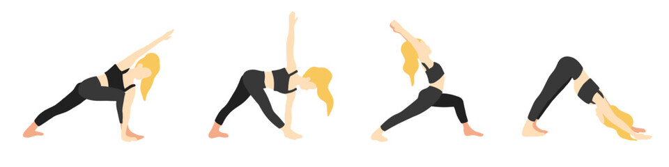 Female blonde yoga poses set in cartoon flat style.