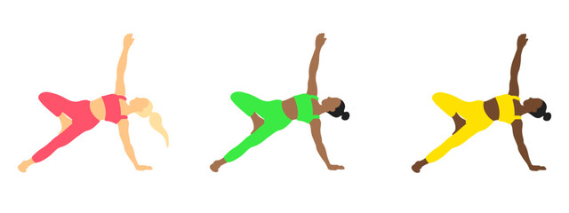 Female yoga poses (european, african, asian) set in cartoon flat style.