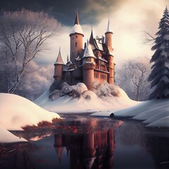 Old Castle Winter Landscape, Fantasy Snow Landscape, Winter Castle, Abstract Generative AI Illustration