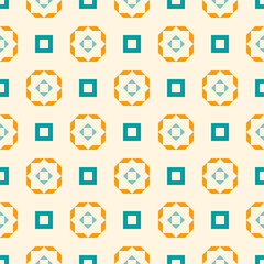 Vector geometric floral ornament in modern ethnic style. Abstract seamless pattern with simple shapes, flower silhouettes, squares. Background in yellow, turquoise and beige color. Repeat design
