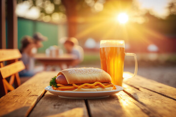 A wooden picnic table basks in the sunlight, a beer and a hot-dog providing sustenance to a leisurely parkgoer. AI generative