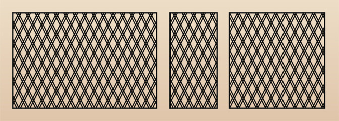 Laser cut patterns. Vector set with abstract geometric grid, diamond lattice, lines. Modern geometry panels. Decorative stencil for CNC cutting of wood, metal, plastic. Aspect ratio 3:2, 1:2, 1:1