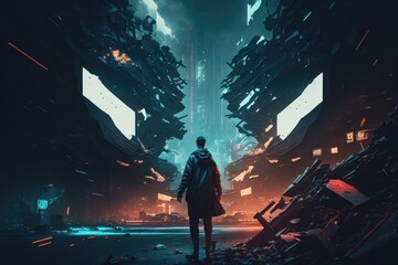 Cyberpunk style of gamer wallpaper, neon glow light of scifi metaverse. AI Generation