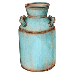 Watercolor hand drawn vintage milk can