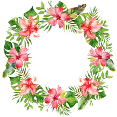 Zelfklevend Fotobehang ropical floral wreath frame. Watercolor bouquet. Pink hibiscus, monstera, banana and palma leaf © inna72