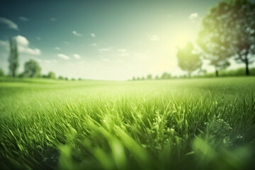 Fototapeta na wymiar Fresh green grass background in sunny summer day in park. Close-up freshness summer, spring grass in a field on nature in evening at sunset. generative ai