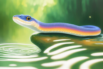 Fototapeta premium Big cute snake. Beautiful dangerous reptile. Colorful magic snake, cartoon style painting. Generative ai art illustration