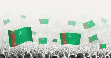 Abstract crowd with flag of Turkmenistan. Peoples protest, revolution, strike and demonstration with flag of Turkmenistan.