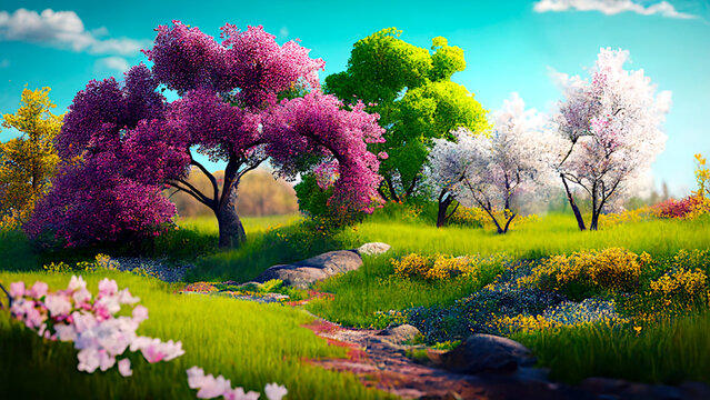 Blooming spring trees illustration. Horizontal digital oil looking painting. Spring landscape with colorful blooming trees. Ai illustration, fantasy digital painting