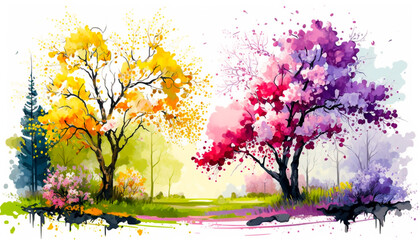 Obraz na płótnie Canvas Blooming spring trees illustration. Horizontal watercolor painting. Spring landscape with colorful blooming trees. Ai illustration, fantasy digital painting, art