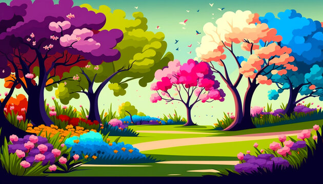 Blooming spring trees illustration. Horizontal cartoon painting. Spring landscape with colorful blooming trees and meadow. Ai illustration, fantasy digital painting, artificial intelligence artwork.