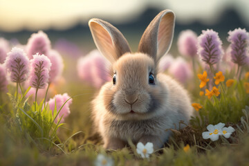 cute easter bunny sitting between springflowers in the middle of a rich spring meadow, generative AI