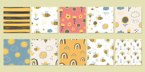set of honey bees themed seamless patterns flower garden. set of vector patterns with a boho illustration theme, perfect for children's and baby designs and also printed on fabrics