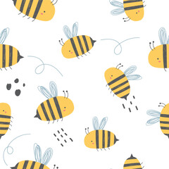 Hand drawn cute bee seamless pattern is very suitable for use for children's and baby designs and also printed on fabrics for clothes, t-shirts, blankets, baby bibs etc. funny and weird bee vector